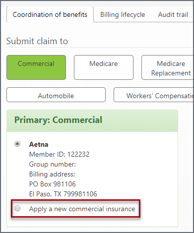 On the coordination of benefits tab, click 'Apply a new commercial insurance'. On the coordination of benefits tab, click 'Apply a new commercial insurance
